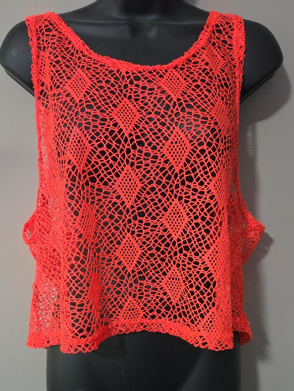 surf style Neon Coral Crochet Cover-Up Tank